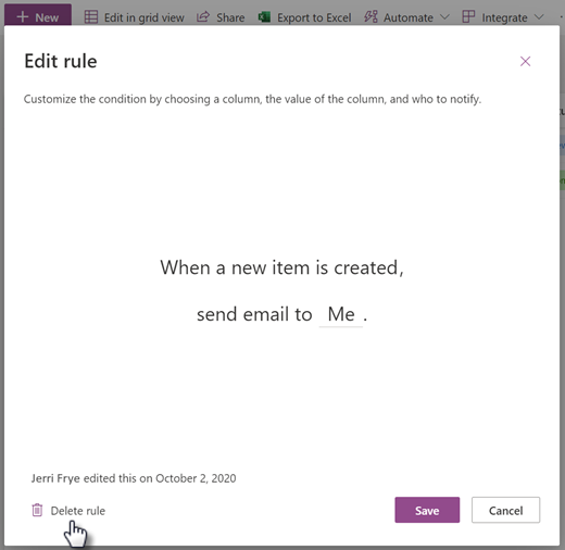 Screenshot of deleting a rule for a list from the Edit rule page.