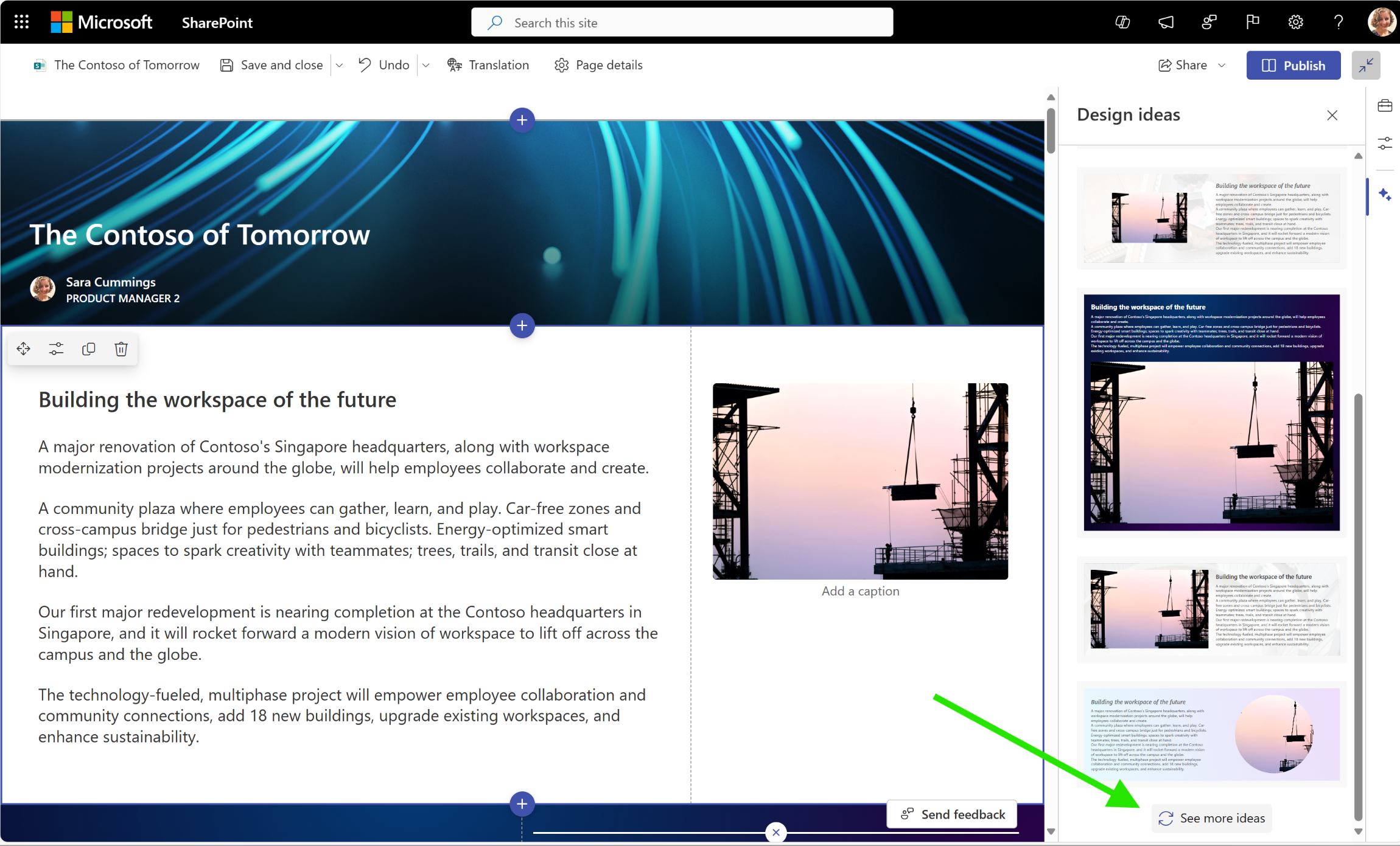 image of the Design ideas panel featuring 4 available ideas and the see more ideas button