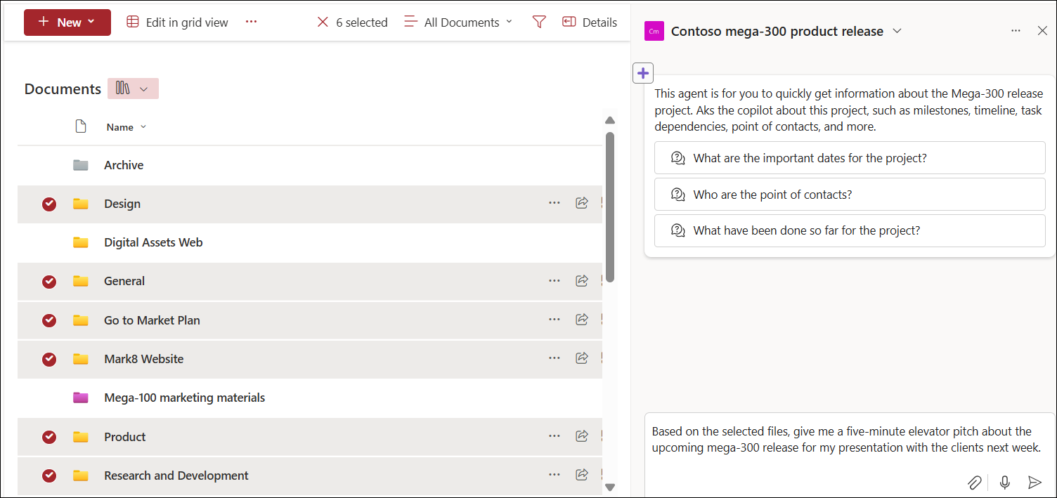 Selected files in a SharePoint document library ready to use in an agent chat.