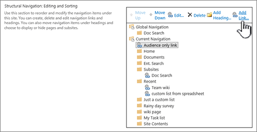 Under structural Navigation in Navigation settings, with Add Link hightlighted