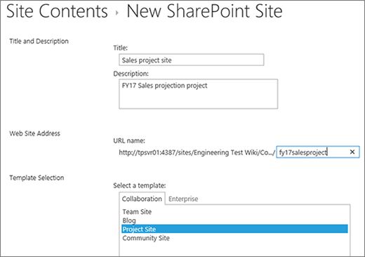 SharePoint 2016 Subsite creation screen