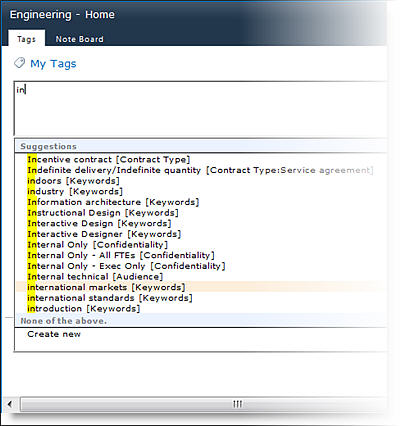 Type-ahead suggestions in the Social Tag dialog box