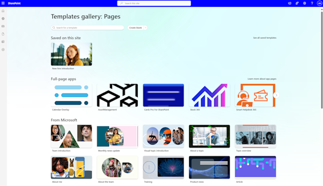 Screenshot of the Templates gallery with the Saved on this site, Full-page apps, and From Microsoft sections.
