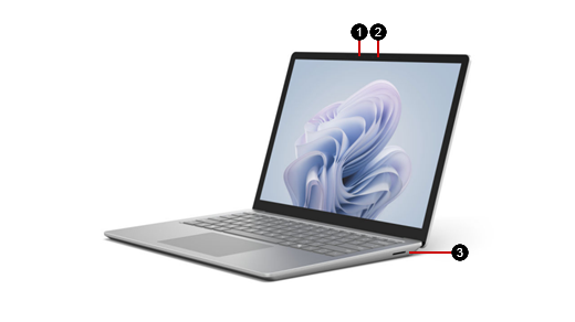 Surface Laptop 6 for Business showing the Windows Hello camera, front-facing camera, and Surface Connect port.