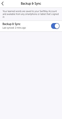 SwiftKey Backup &amp; Sync screen with the feature turned on