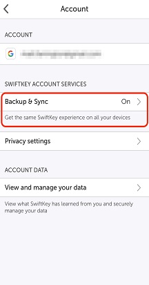 SwiftKey Account screen with Backup &amp; Sync highlighted