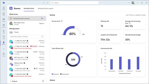Screenshot showing call history in the Queues app for Teams