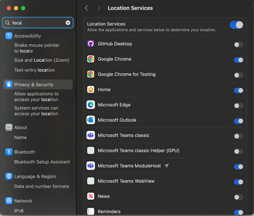 Screencap of the Locations settings dialog box for MAC