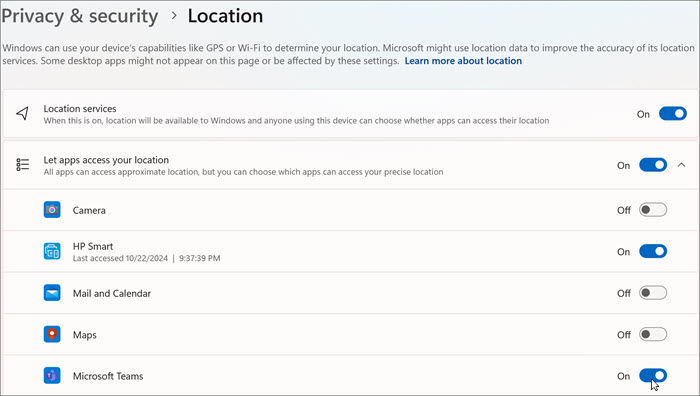 Screencap of the Locations settings window in Windows 11