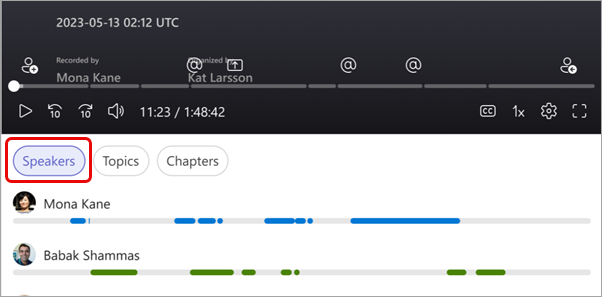 View of speaker markers in a Microsoft Teams recap.
