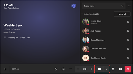Screenshot showing a Teams room console with dropdown arrow next to camera icon highlighted.
