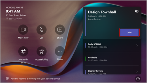 Screenshot showing the Join button highlighted on a Teams Room console.