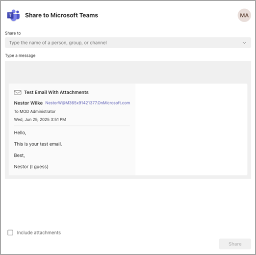 Screenshot showing email being shared to Teams with options to choose to share to person, group, or channel.