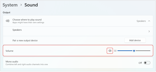 Windows Sound settings with the output volume control highlighted