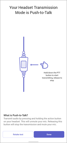 Screenshot of headset transmission mode set to Push To Talk in Walkie Talkie.