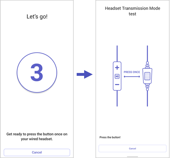 Screenshot showing the Walkie Talkie headset transmission mode test countdown