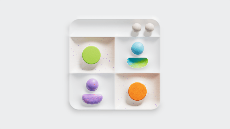 Illustration of a meeting grid with four colorful participant avatars in tiles.
