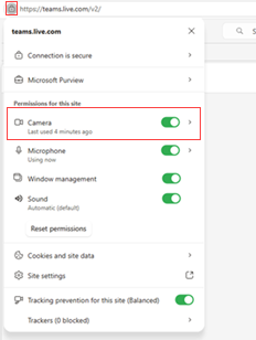 Screenshot of browser site permissions panel for teams.live.com with the Camera toggle set to On and highlighted.