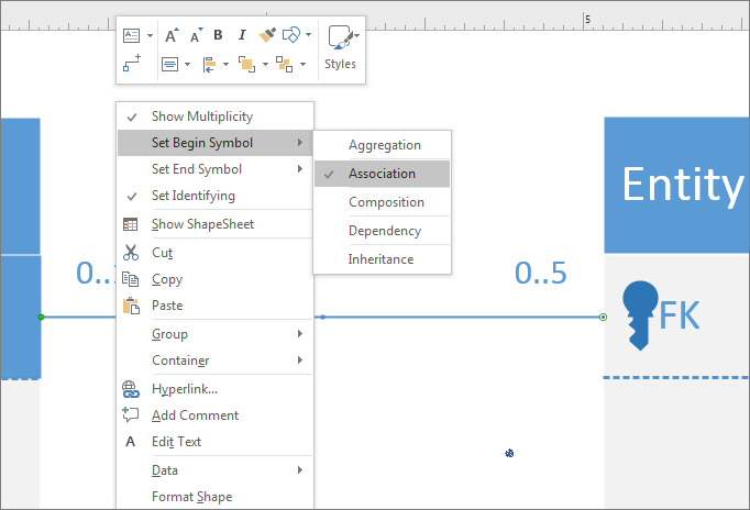 Set the UML relations notation symbols on both ends of the relationship line.