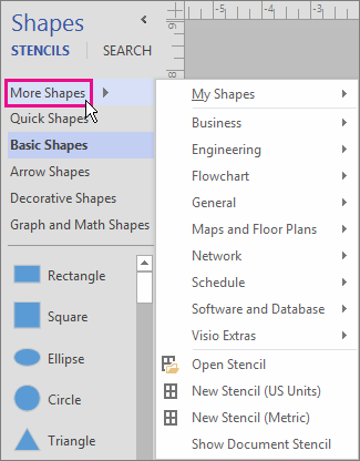 Clicking More Shapes displays a menu of categories.