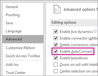 Screenshot showing how to Select or clear Enable AutoConnect to activate or deactivate AutoConnect for all diagrams & drawings.