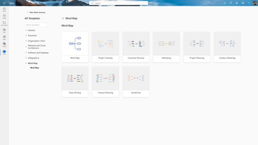 Screenshot of the Visio Templates page showing the available sample diagrams under the Mind Map category.