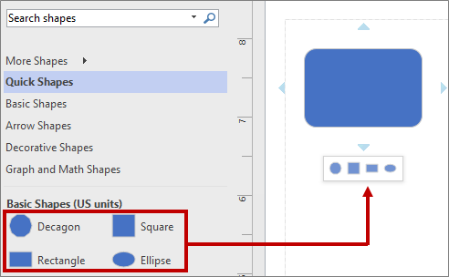 Screenshot showing the mini toolbar using default basic shapes