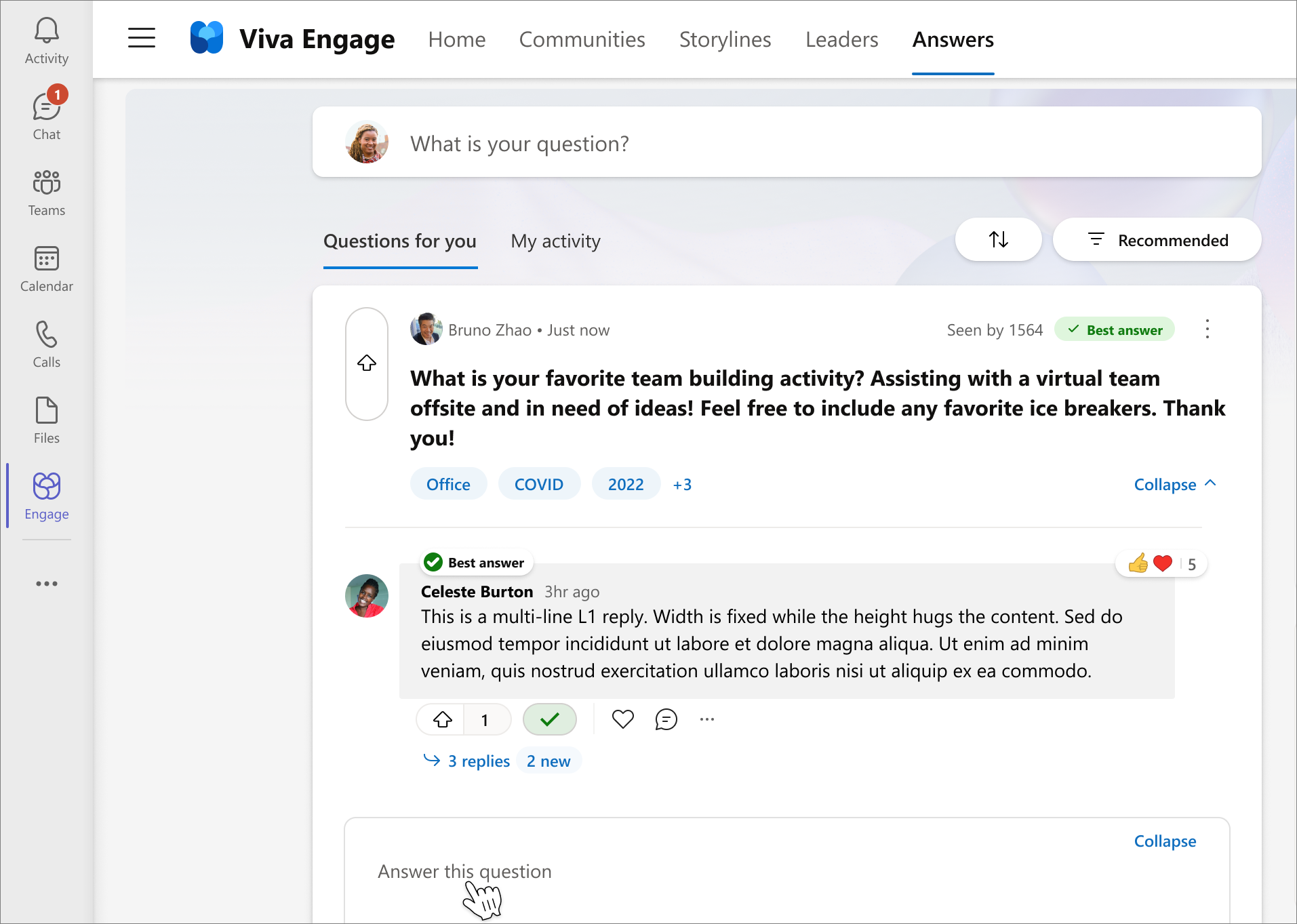 View of answering a question in Viva Answers