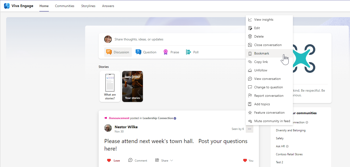 Viva Engage conversation with the More options menu open and Bookmark highlighted.