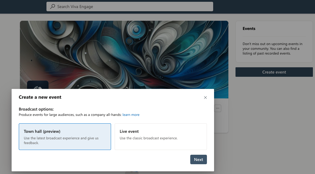 Create a new Town Hall event in the Conversations or Events tabs in Viva Engage.