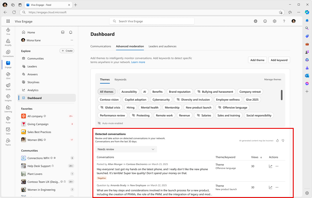 Detected Conversations section for acting on detected matching events