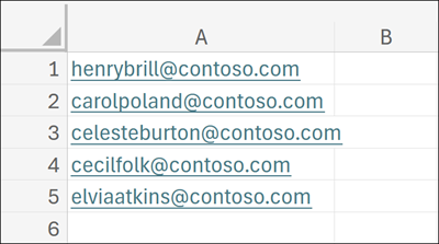 Screenshot of a CSV file with properly formatted email addresses.