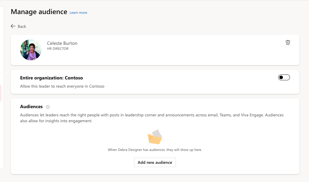 Screenshot shows settings that leaders and delegates can use to define audiences.