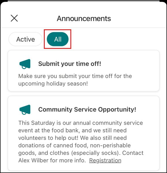Screenshot showing all announcements selected.
