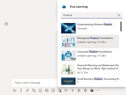 Screenshot of Teams highlighting how to search for content after selecting the Viva Topics Share button.