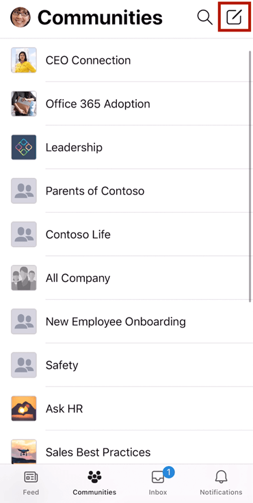 Screenshot showing composing a conversation in a Yammer community with the mobile app