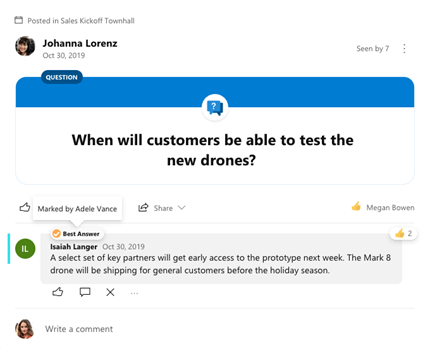 The best answer marked for a Yammer question