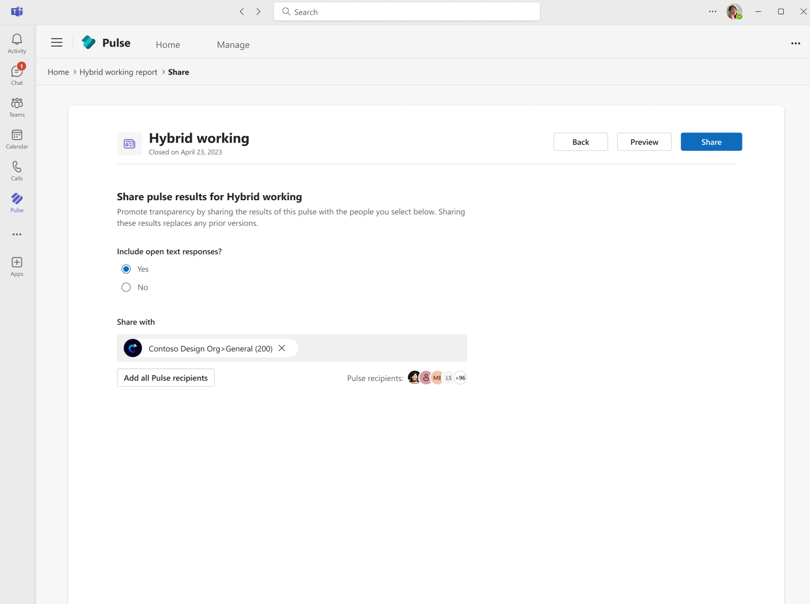 Share results dialog with Viva Pulse