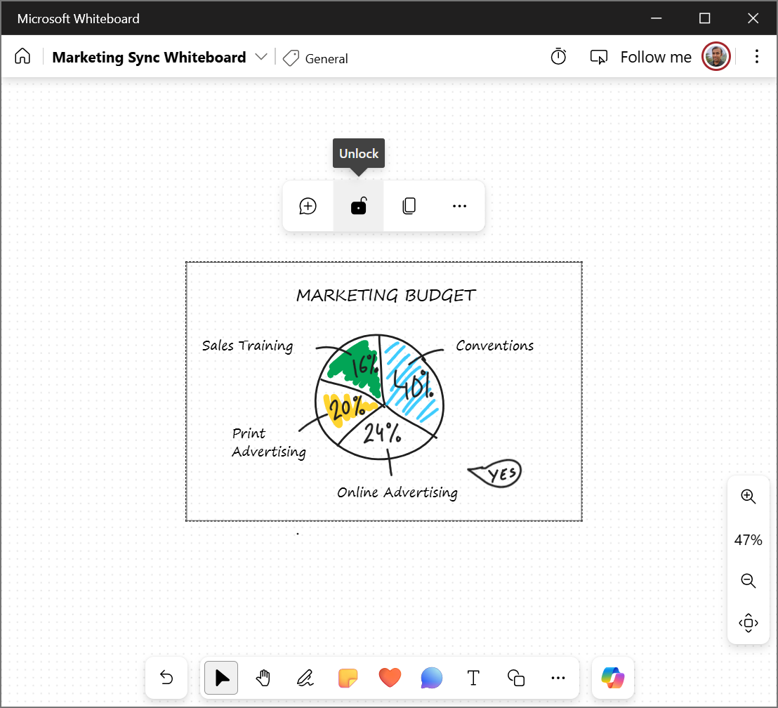 An image showing how to unlock few objects in Whiteboard.