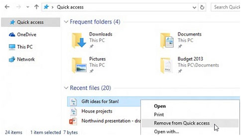 File Explorer Quick access with a recent file selected and Remove from Quick access highlighted in its context menu