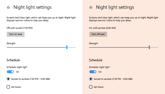 Windows 10 Night light settings showing the display before and after night light turns on, with Sunset to sunrise selected
