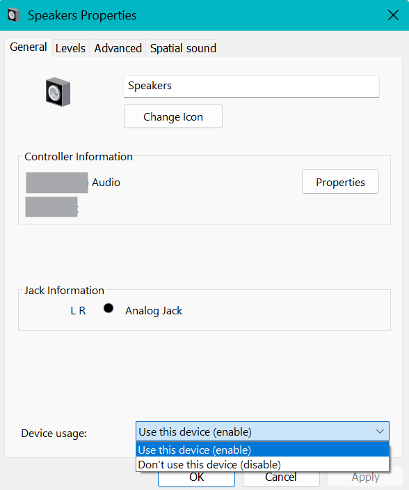Speakers Properties dialog showing the Device usage menu with Use this device (enable) selected