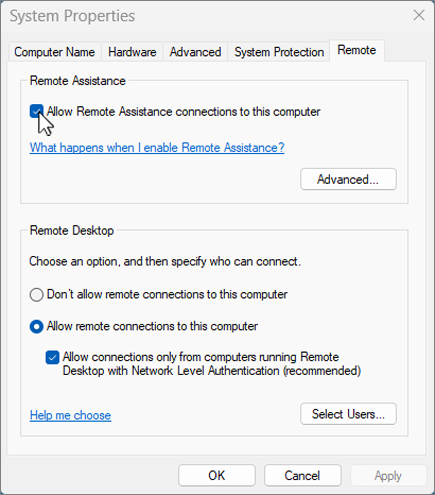 Enable Remote assistance dialog screenshot.