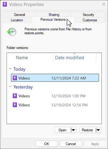 File history properties dialog screenshot.