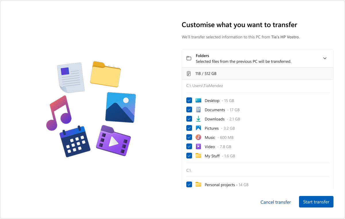 Customize what you want to transfer screen with selected folders, storage totals, and a Start transfer button