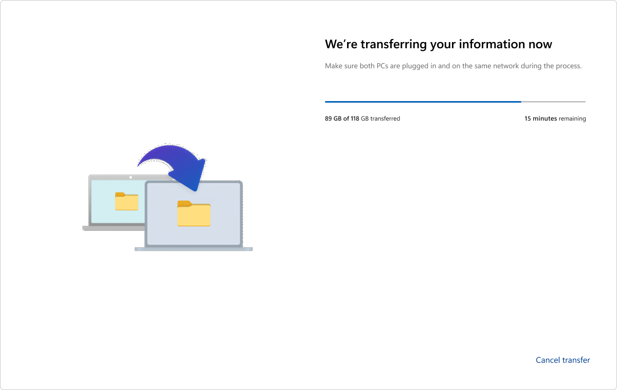 PC-to-PC transfer in progress, showing 89 GB of 118 GB transferred and 15 minutes remaining