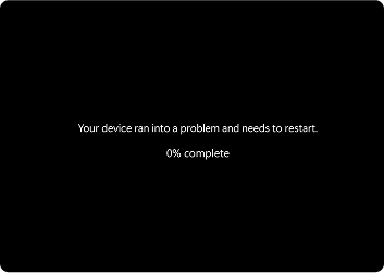 Recovery screen stating that the device ran into a problem and needs to restart, at 0 percent complete