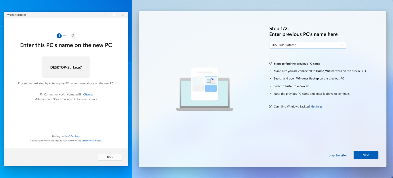 Screenshot of previous and new PC starting the pairing process.