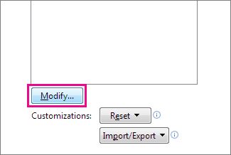 Modify button in the Customize the Quick Access Toolbar box