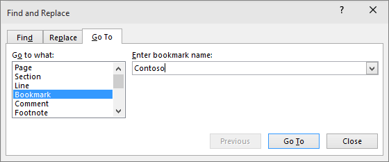 The Go to tab in the Find and Replace box is shown.